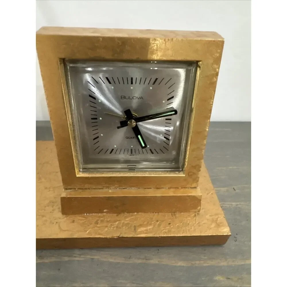 Bulova Desk Set Alarm Clock Thermometer Pen Wood Mid Century Modern VTG
